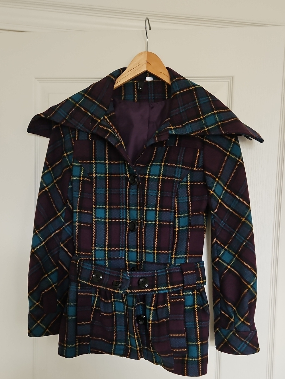 Vintage H&M Women’s Wool Blend Plaid Belted Jacket in Navy & Teal- Size 4